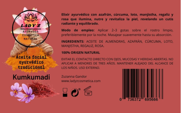 Aceite facial ayurvédico tradicional Kumkumadi azafrán y cúrcuma antiedad y iluminación de piel 30 ml - Imagen 3