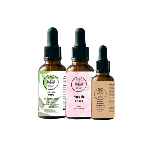 Pack basico KAPHA: limpiador + agua de rosa + serum PIEL GRASA